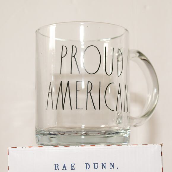 RAE DUNN Proud American Clear Glass Coffee Tea Mug Patriotic Americana USA - Picture 2 of 6